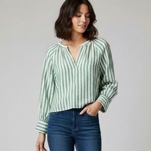 JCrew Green White Stripe Linen Peasant Blouse Top Medium Beach Resort Coastal